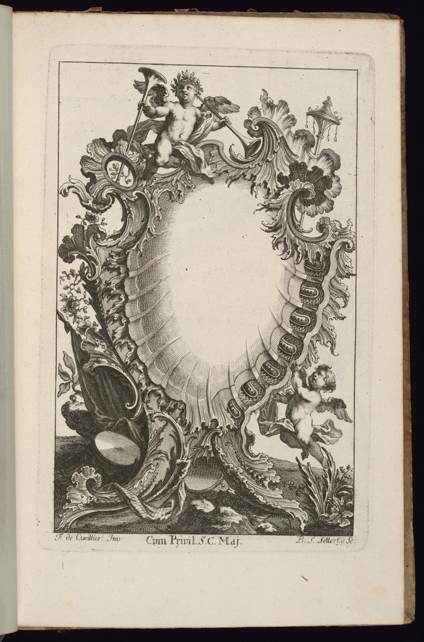 Patron med Putto som håller trumpeter, bok med oregelbundna patroner av François de Cuvilliés the Elder