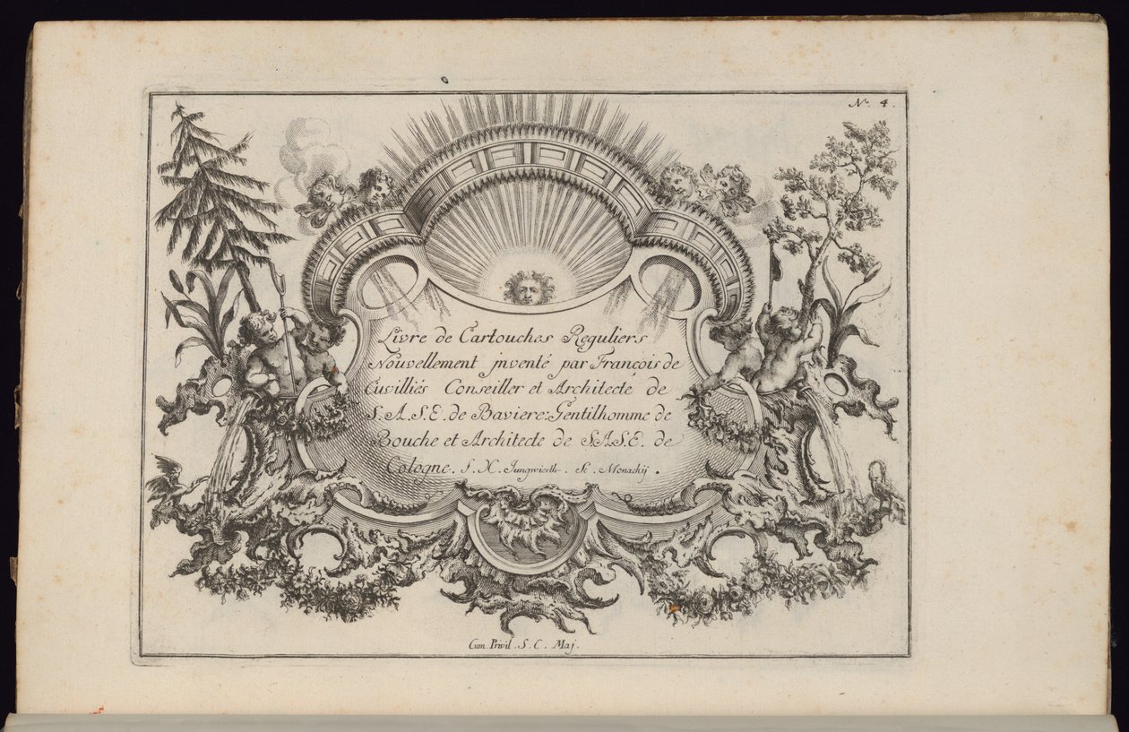 Kartusch med sol och fyra vindar, Livre de Cartouches Reguliers (Book of Regular Cartouches) av François de Cuvilliés the Elder