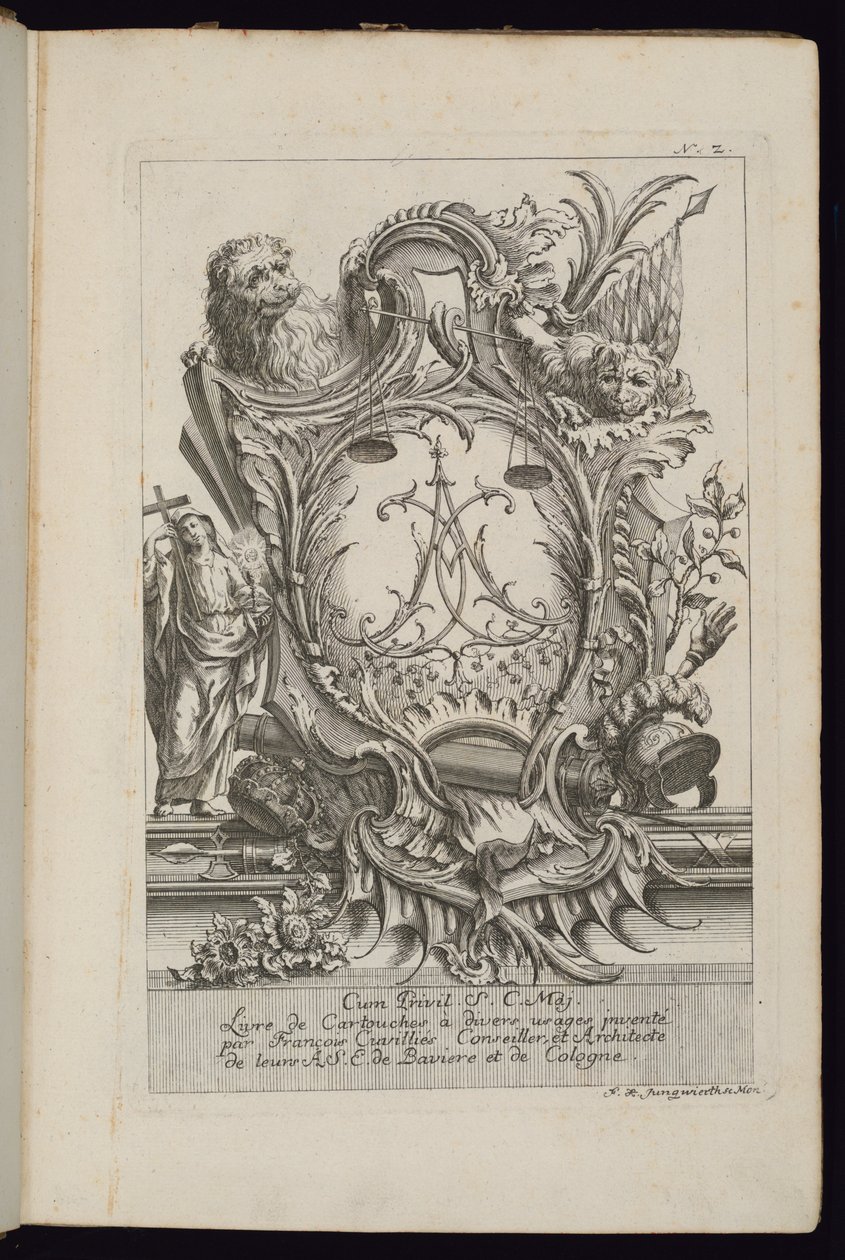 Patron med två lejon och ett chiffer, bok med patroner för olika användningsområden av François de Cuvilliés the Elder