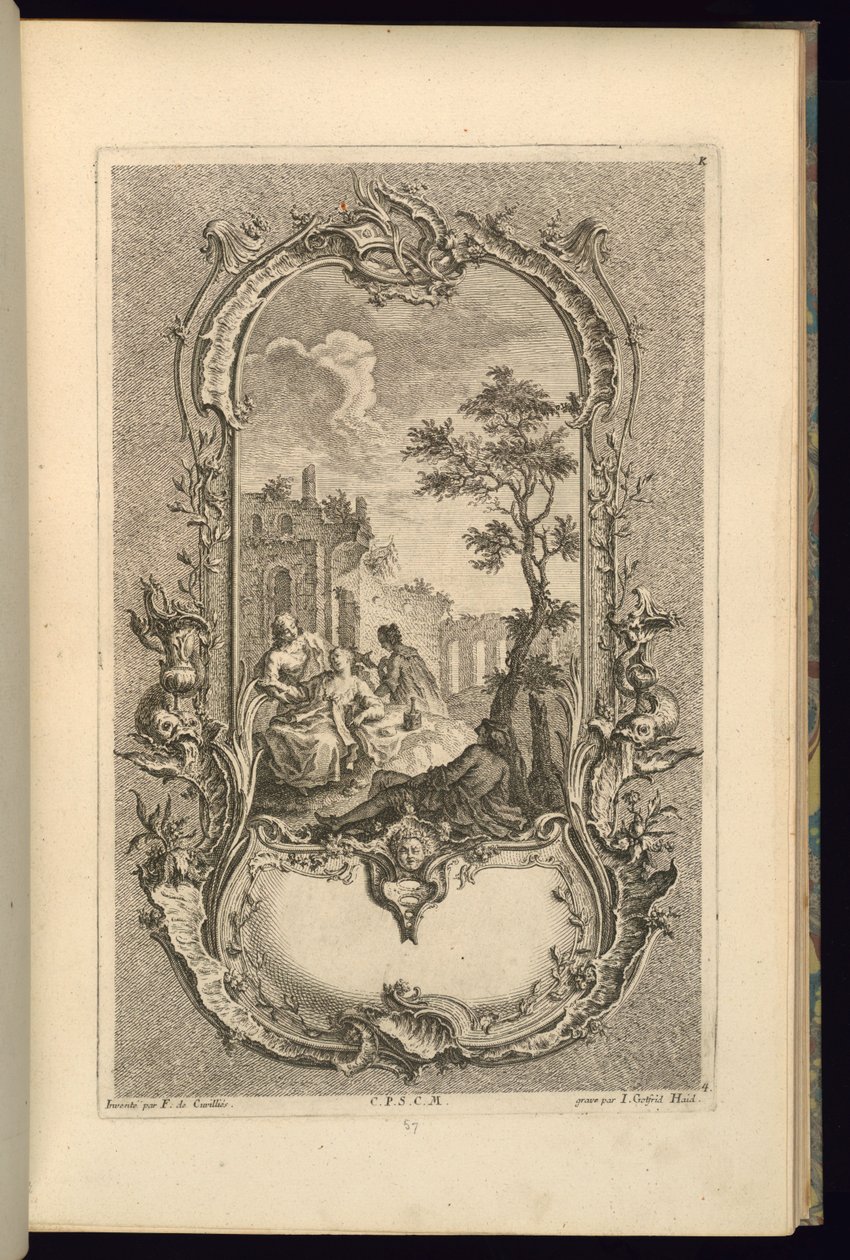 Design för Cartouche med stora och små fack av François de Cuvilliés the Elder