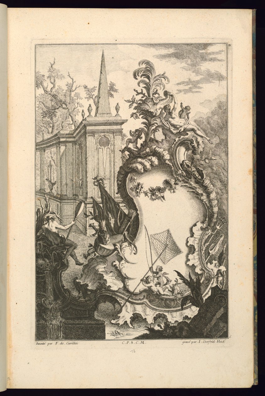 Design för fontän med två putti med fiskenät av François de Cuvilliés the Elder