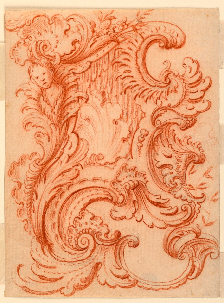 Ritning för en Rocaille Escutcheon av François de Cuvilliés the Elder