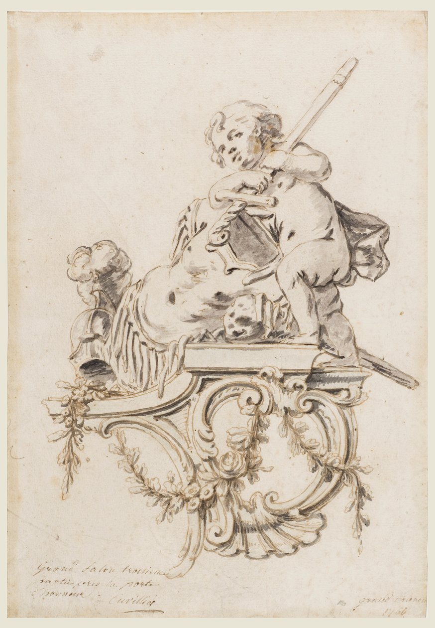Design för ett skulpturerat fäste med Putto tillsammans med krigets attribut, för Grand Trianon, Versailles av François de Cuvilliés the younger