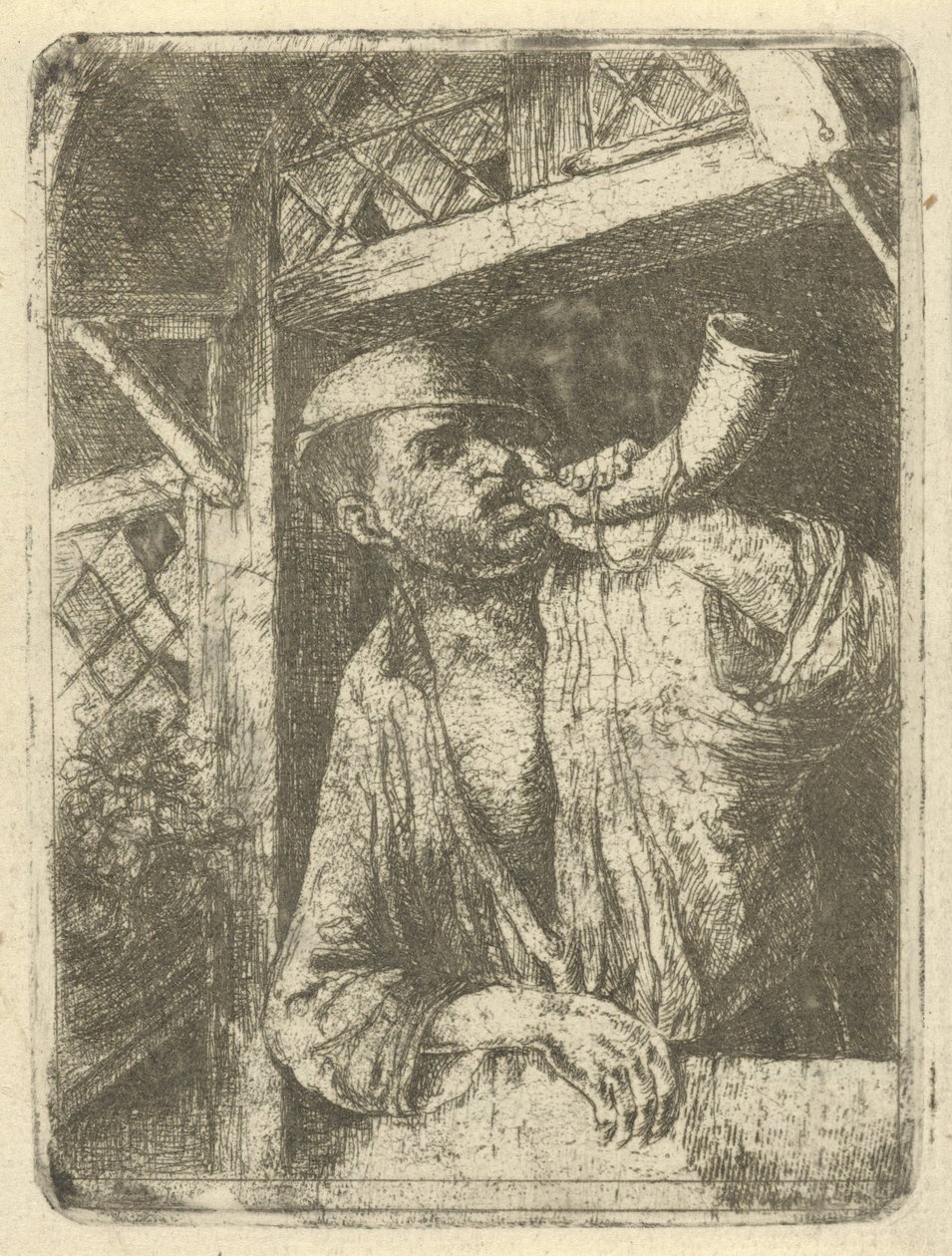 Baker blåser i ett horn av François de Maleck