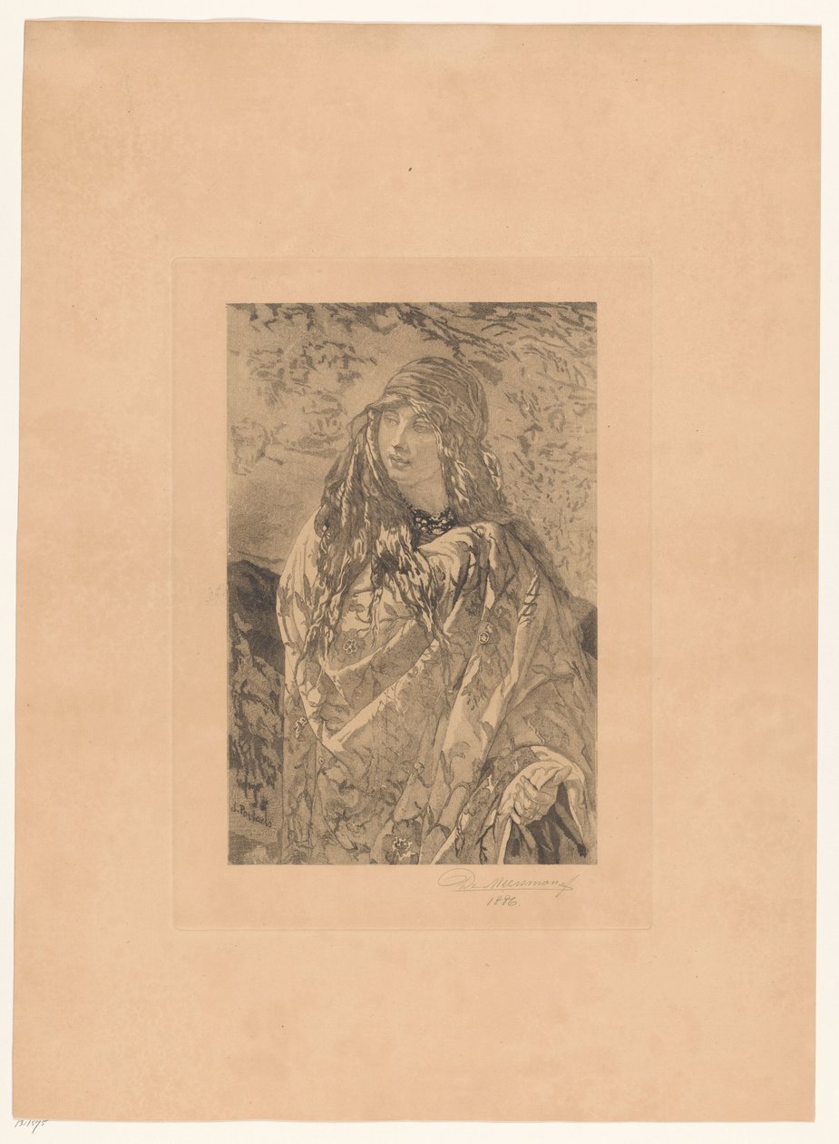 Ung kvinna med blommig sjal av François de Meersman (signed by artist)