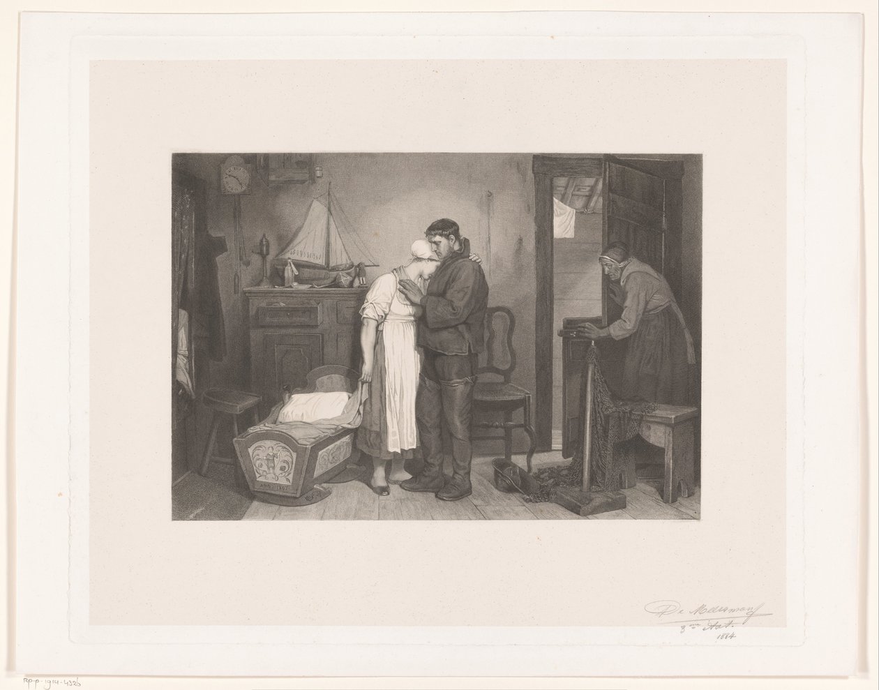 Visser Interiör med ett sörjande par vid en tom spjälsäng av François de Meersman (signed by artist)