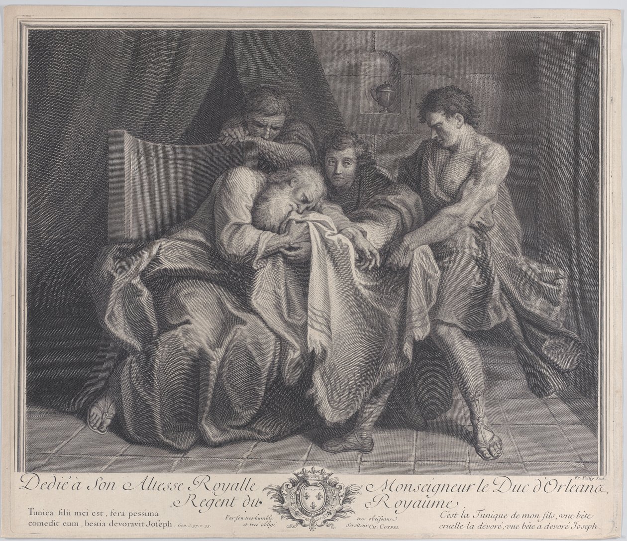 Jakob gråter i sin sons dräkt medan hans andra söner drar bort den från honom, 1724. av François de Poilly