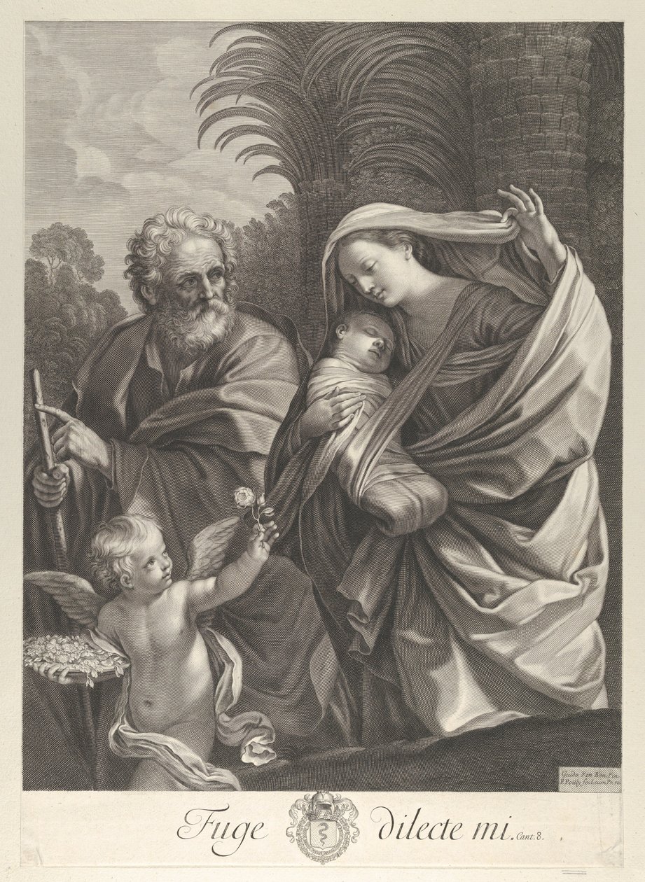 Flygningen till Egypten, den heliga familjen som går tillsammans, Saint Joseph pekar på t..., ca. 1648-81. av François de Poilly