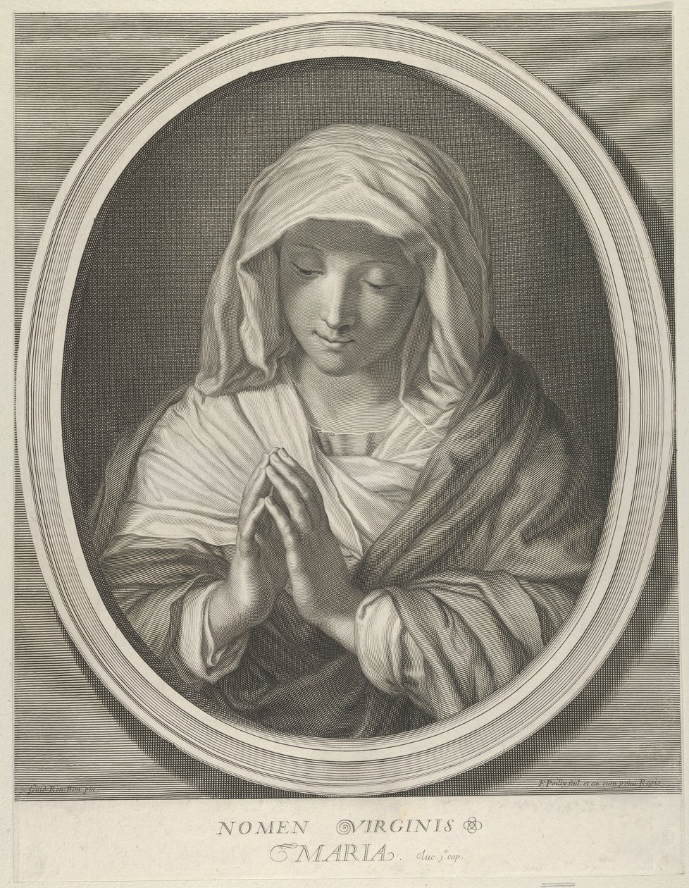 Jungfrun i bön tittar ner, i oval ram, efter Reni, 1640-93. av François de Poilly