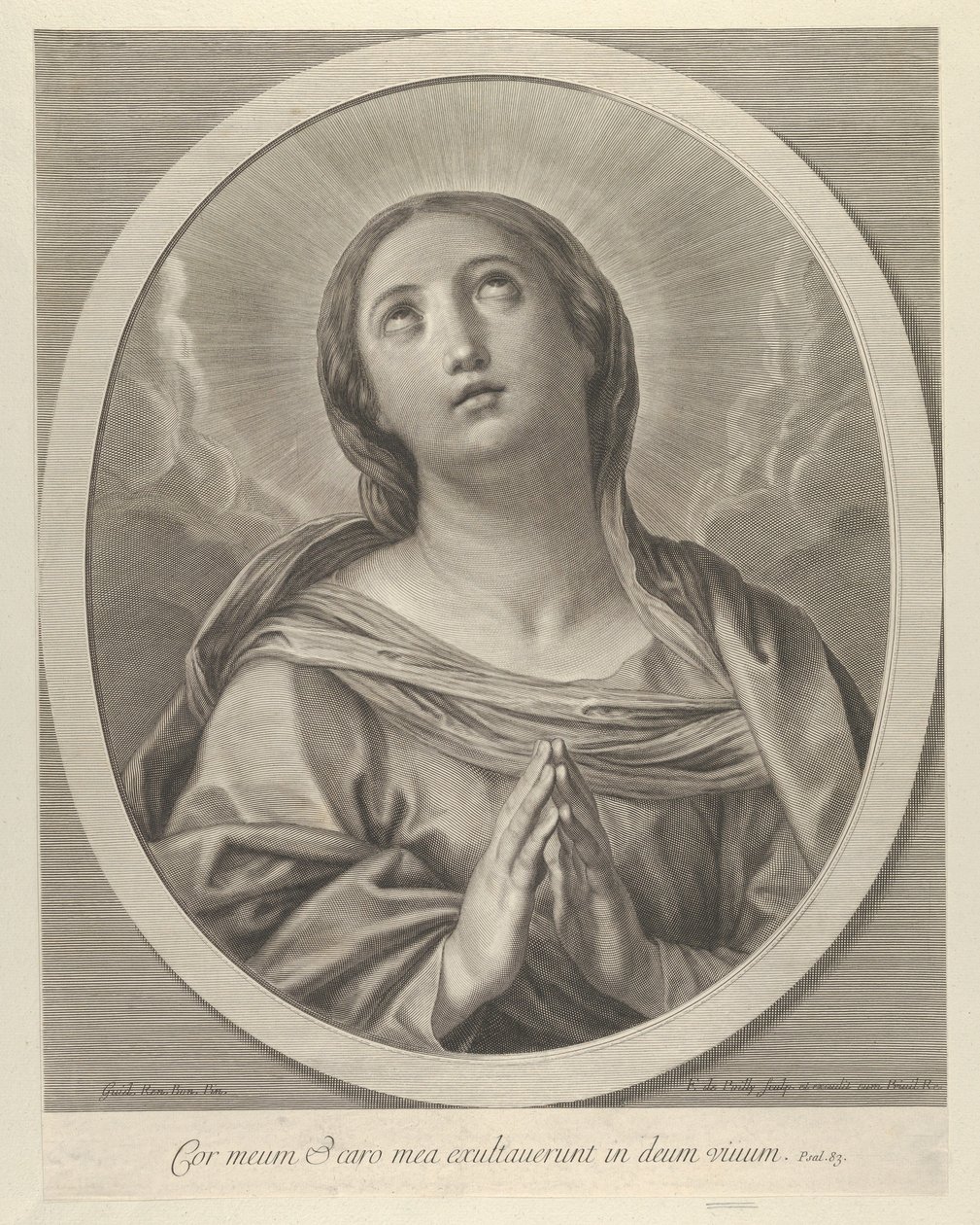Jungfrun i bön, tittar upp med moln bakom sig, i en oval ram, efter Reni, ..., 1648-81. av François de Poilly