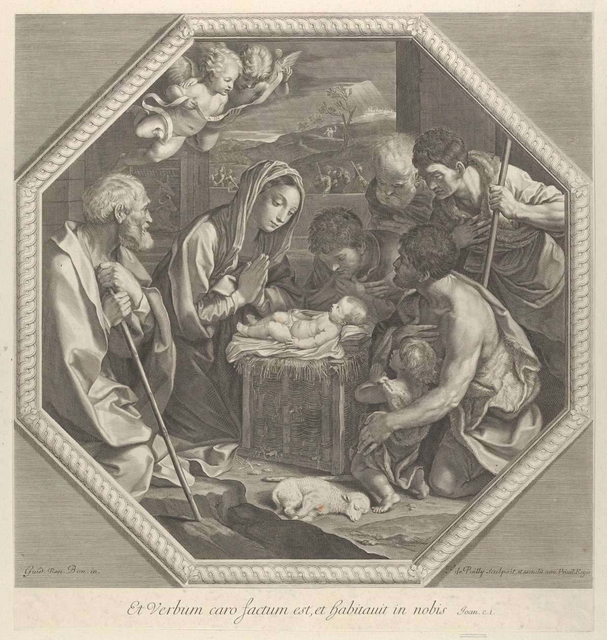 Tillbedjan av herdarna som knäböjer tillsammans till höger inför Kristusbarnet..., ca. 1655-93. av François de Poilly