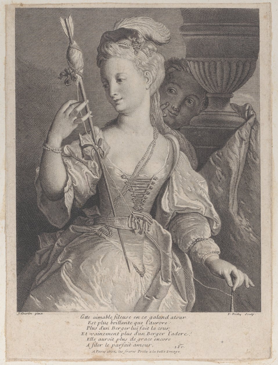 Ung kvinna spinner tråd för en pil, 1686-1741. av François de Poilly