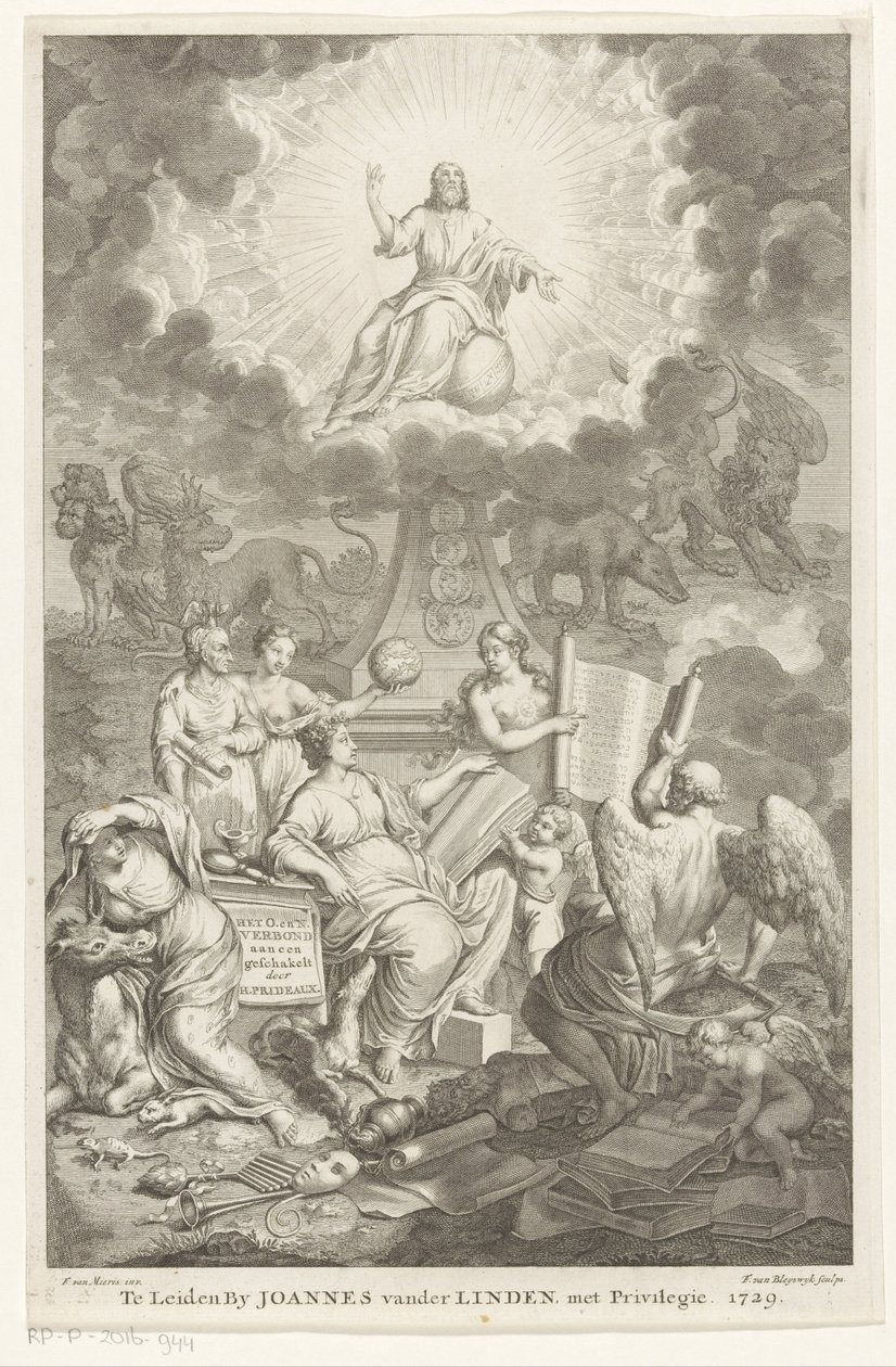 Allegori över Gamla och Nya Testamentet O. och N. Covenant kopplat av H. Prideaux (titel på objekt) Titelsida för: Humphrey Prideaux, Det gamla och nya förbundet är länkat till judarnas och de angränsande folkens historia av François van Bleyswijck