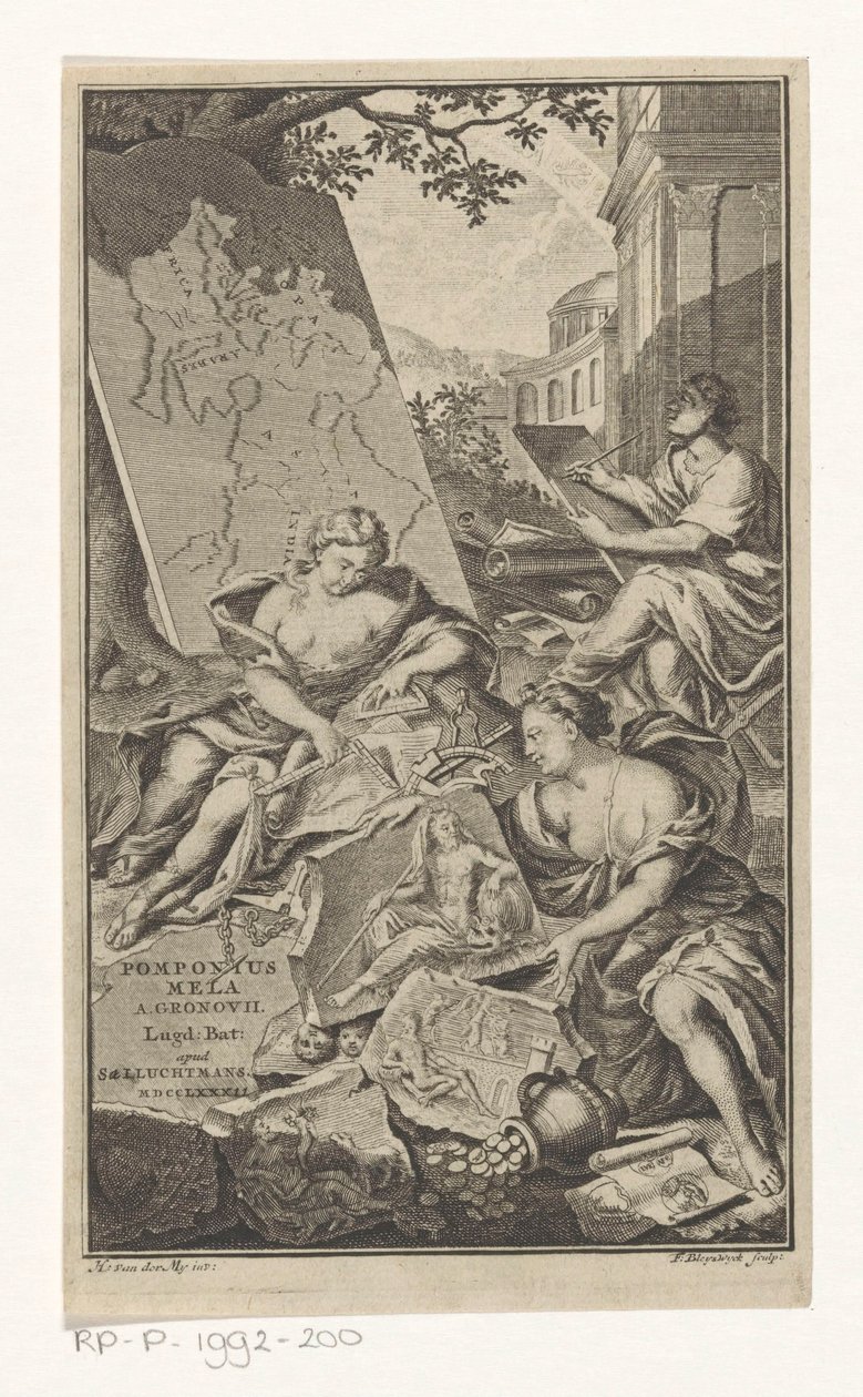 Allegorie op de meetkunde Titelsida för: Pomponius Mela en Abraham Gronovius, Pomponii Melae de situ orbis libri III, 1782 av François van Bleyswijck