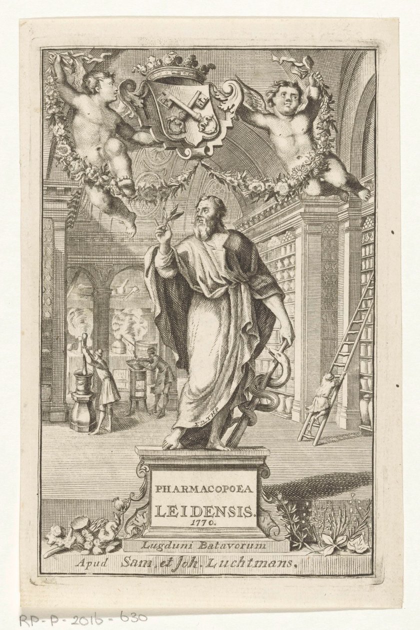 Asclepius Titelpagina voor: S.n., Pharmacopoeia Leiden, upprättad av de största magistraternas myndighet, 1770 av François van Bleyswijck