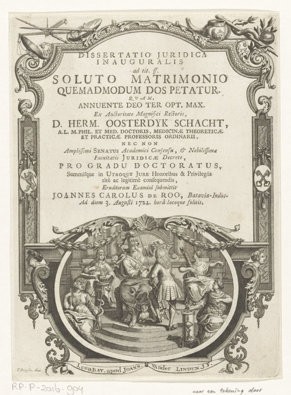 Minerva lauwert schrijver Titelsida för: Johannes Carolus de Roo, Dissertatio juridica inauguralis, ad tit. ff. efter ett upplöst äktenskap, hur hemgift begärs, 1722 av François van Bleyswijck
