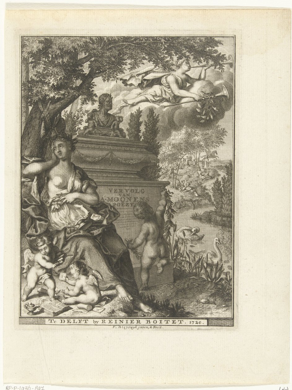 Muse och putti sitter vid poeten Arnold Moonens grav Titelsida för: Arnold Moonen, Continued der poëzye, Delft 1720 Fortsättning av A. Moonens Poezy (titel på objekt) av François van Bleyswijck