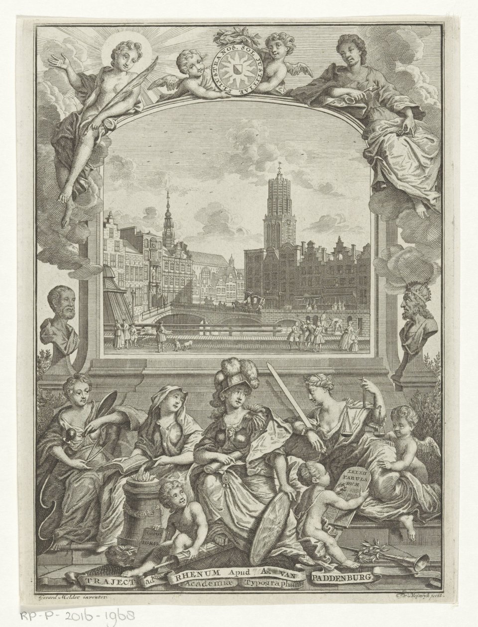Stadsbild med Domkyrkan i Utrecht och allegori med Minerva och dygder av François van Bleyswijck