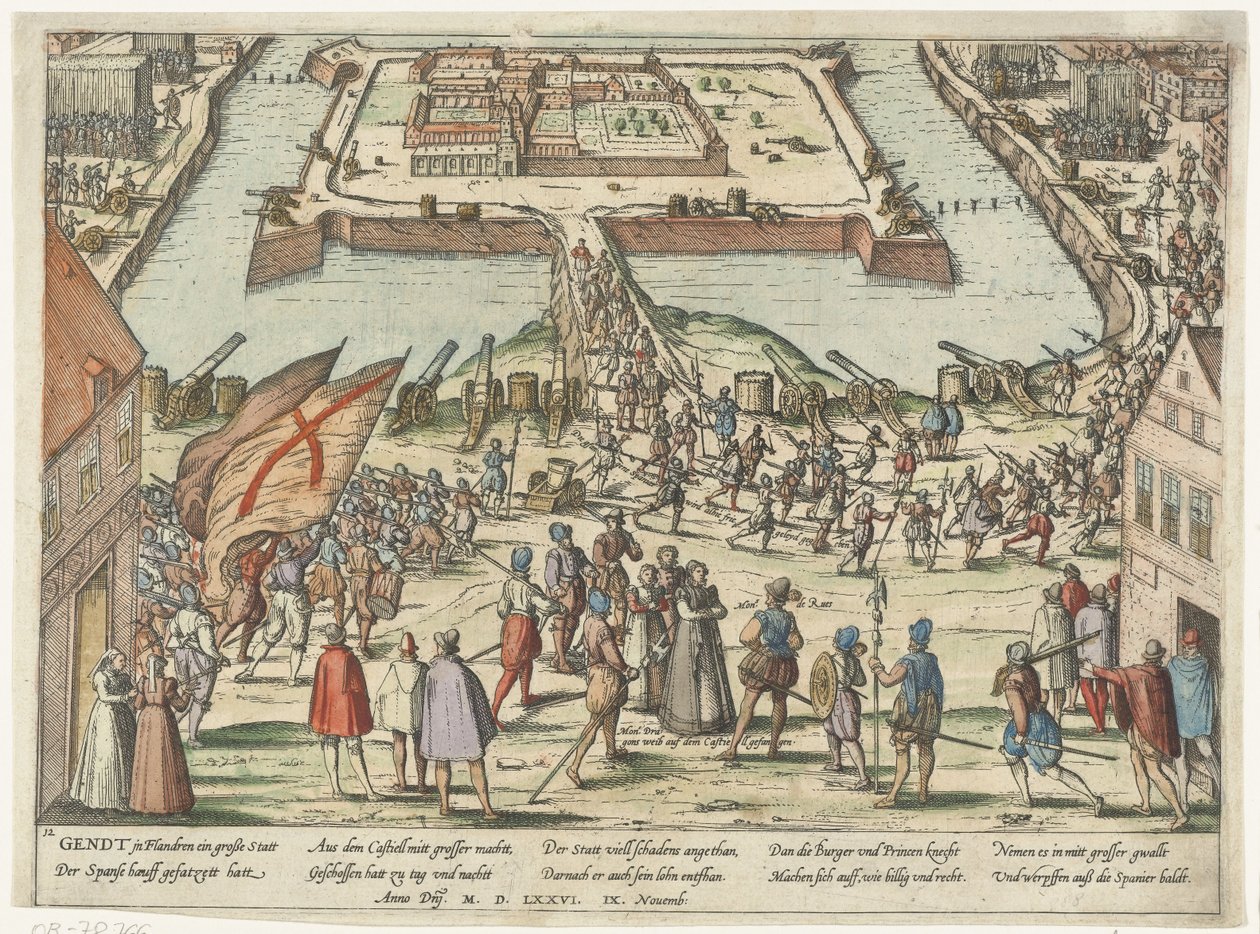 Retaid from the Spanish from the citadel of Gent after a siege by de Staten army 9 nov 1576, in the front Mondragon and his wife av Frans Hogenberg
