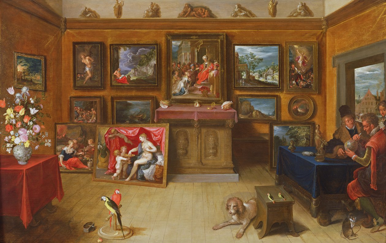 Bildgalleri med en vetenskapsman som gör mätningar på en jordglob, 1612 av Frans II Francken the Younger