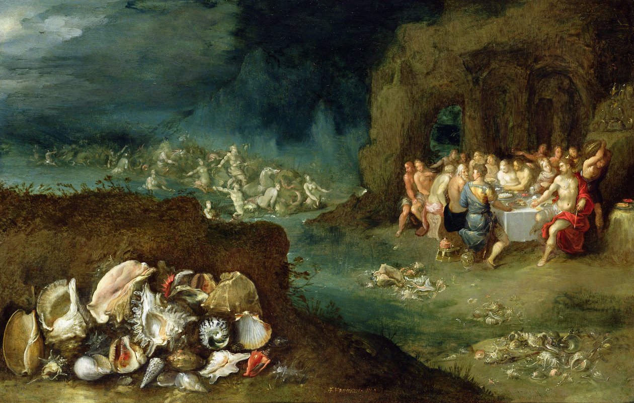 Bado maisha ya makombora na Sikukuu ya Miungu, c.1615 (mafuta juu ya shaba)swed av Frans II Francken the Younger