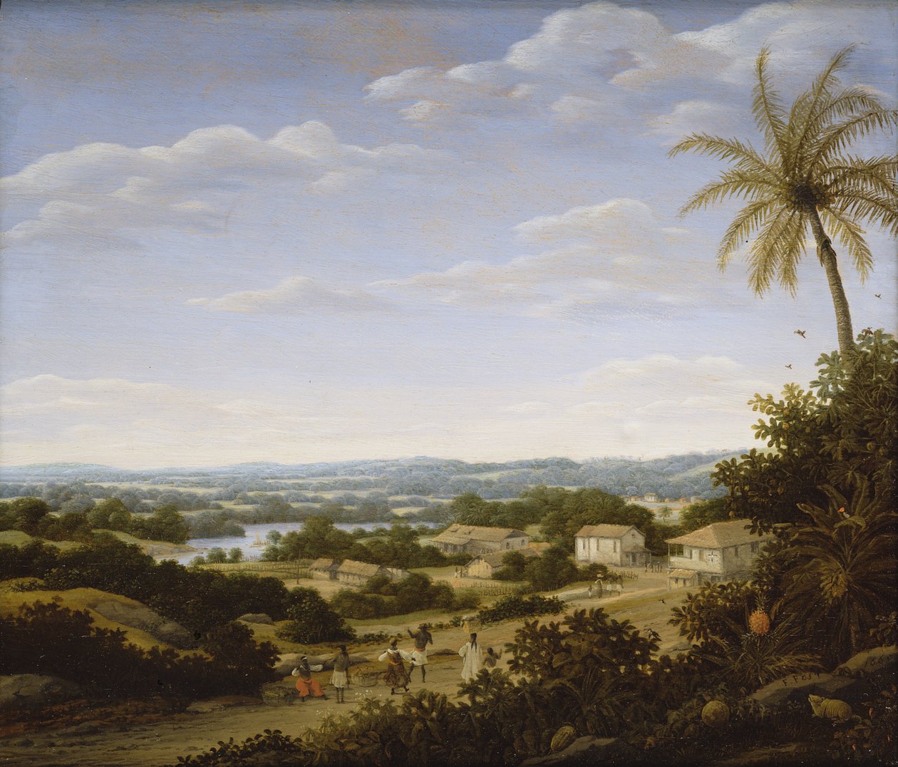 Brasilianskt landskap med infödda på en väg som närmar sig en by, 1665 av Frans Post