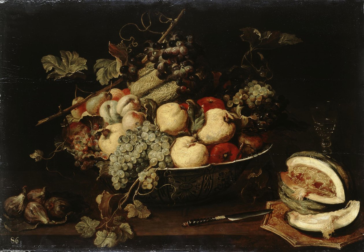 Frukt i en skål och en skivad melon av Frans Snyders or Snijders