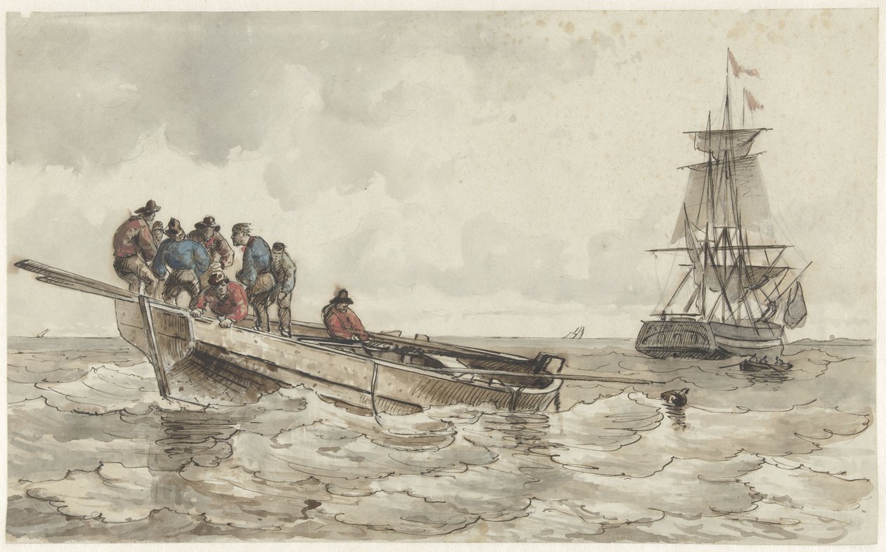 Åtta män i en roddbåt nära ett segelfartyg av Frans Arnold Breuhaus de Groot