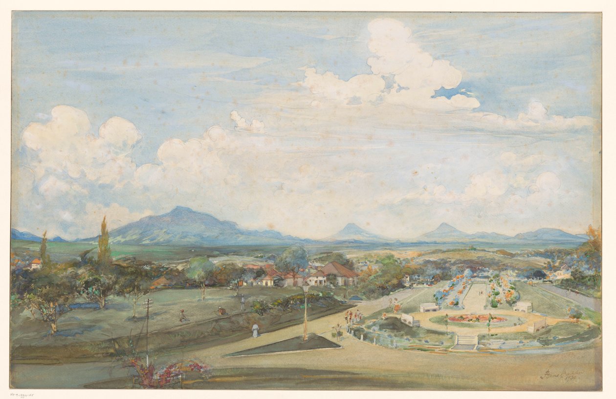 Tillemaplein i Semarang med vulkanerna Sindoro och Soembing i bakgrunden av Frans Bakker (signed by artist)