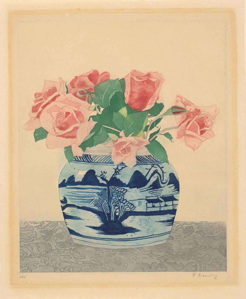 Rosa rosor i en ingefäraburk med kinesiska dekorationer av Frans Everbag (signed by artist)