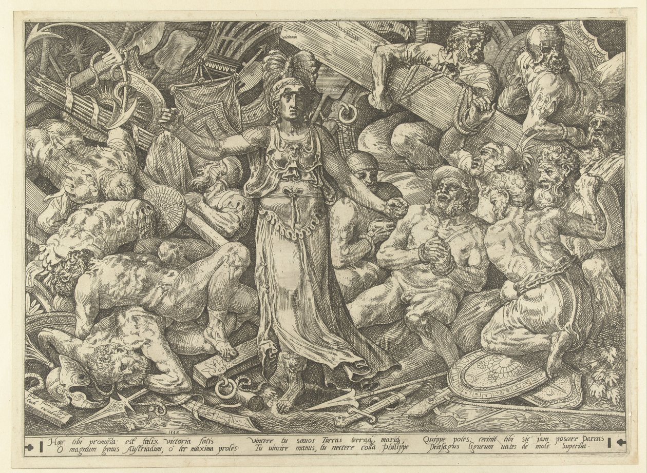 Victoria omgiven av fångar och troféer av Frans Floris (I)