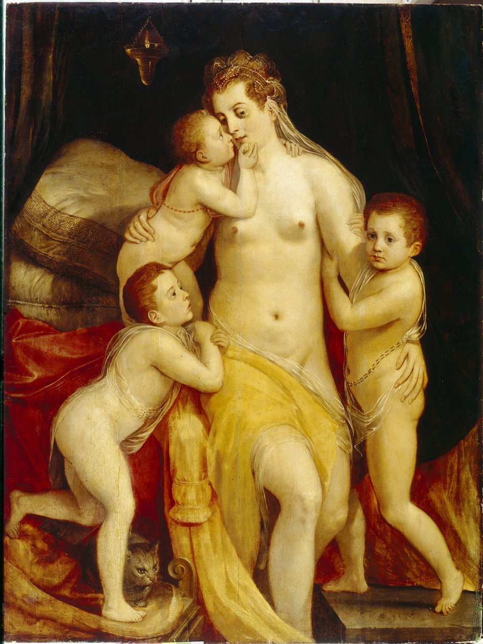 Allegori om välgörenhet. Tre barn med medkännande uttryck närmar sig ömt sin sorgsna mamma för att trösta henne. Målning av Frans Floris ljumsken (1519-1570), olja på trä. holländsk konst av Frans Floris