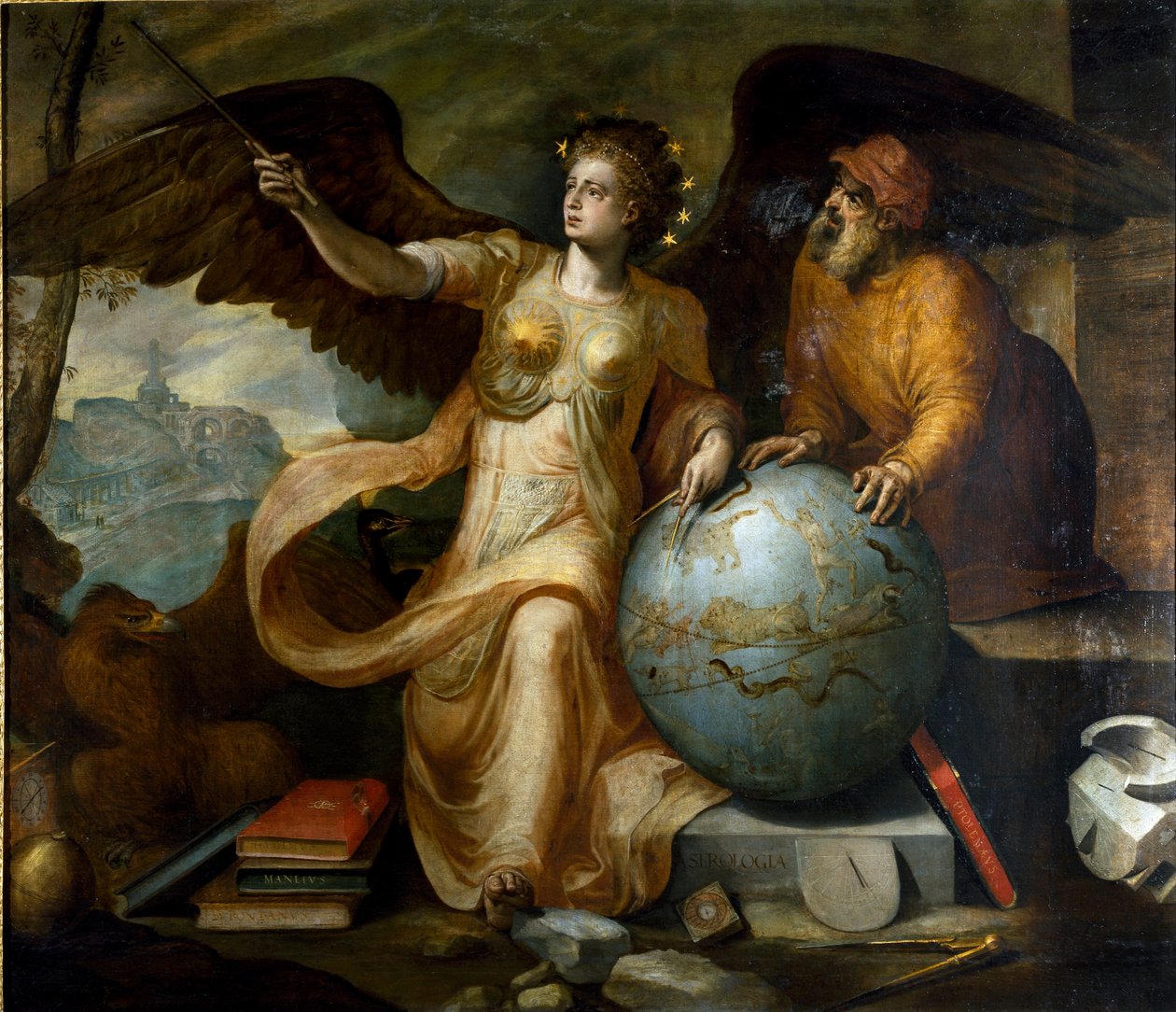 Astrologi. Allegori och personifiering av astrologi med astrologiska instrument och himlaklot. Målning av Frans Floris (1515-1570). flamländsk målare. Gener, privat samling. av Frans Floris