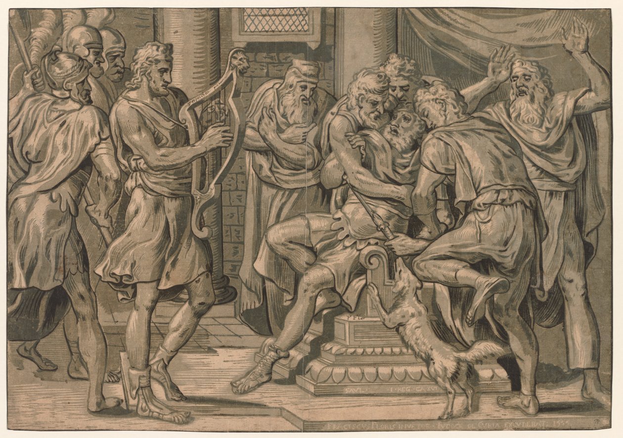 David spelar harpan före Saul, 1555. av Frans Floris