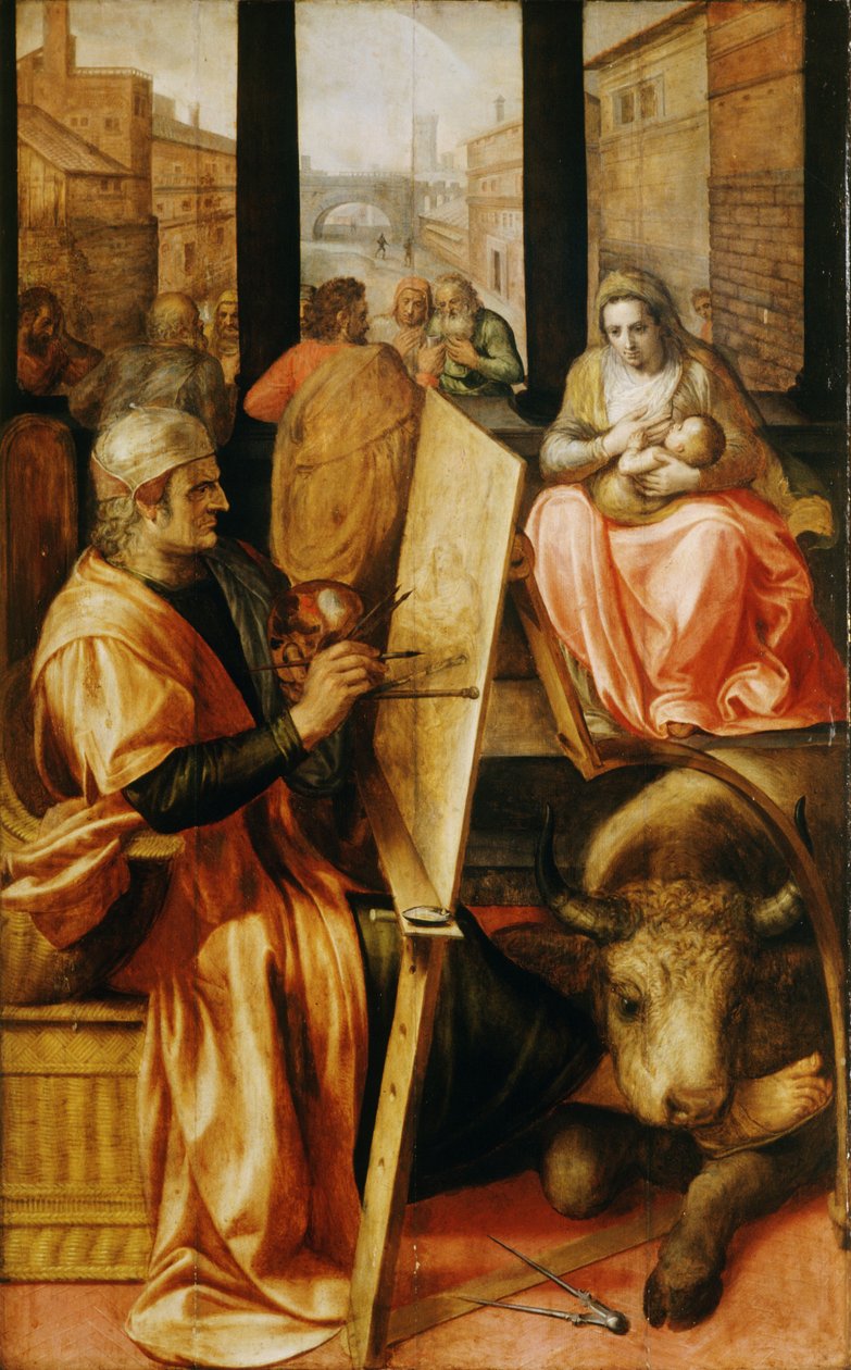 Saint Luke målar Jungfru Maria (olja på panel) av Frans Floris