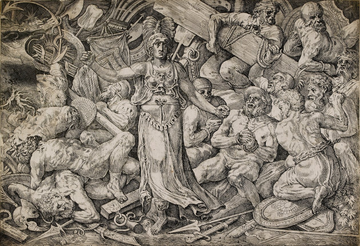 Victoria omgiven av fångar och troféer, 1552. av Frans Floris