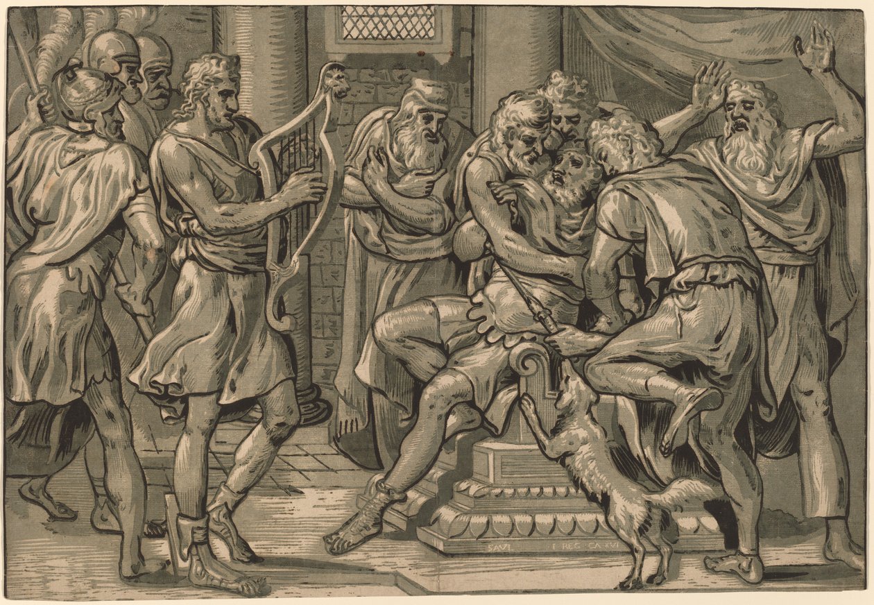 David spelar harpan före Saul av Frans Floris I