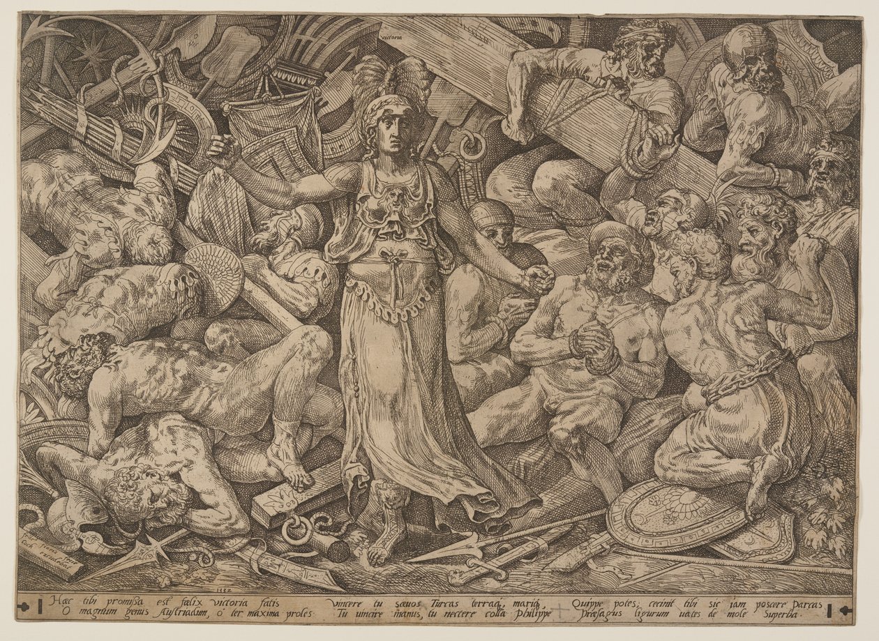 Victoria omgiven av krigsfångar och krigstroféer av Frans Floris I