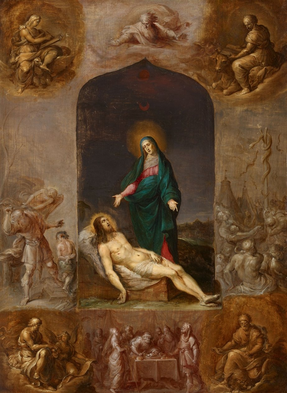 Pietà omgiven av grisailler av de fyra evangelisterna och scener från Gamla testamentet av Frans Francken the Younger