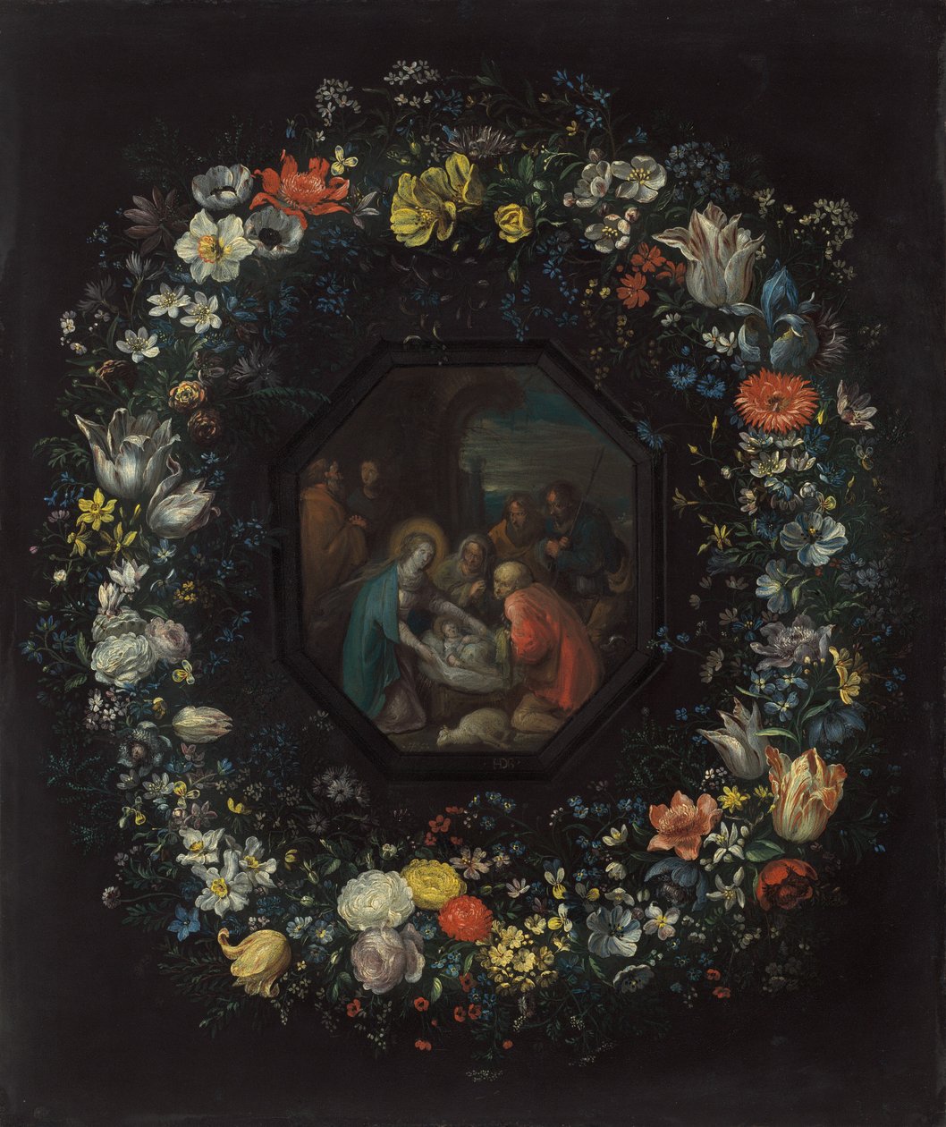 Krans av blommor med tillbedjan av herdarna av Frans Francken the Younger and Master HDB