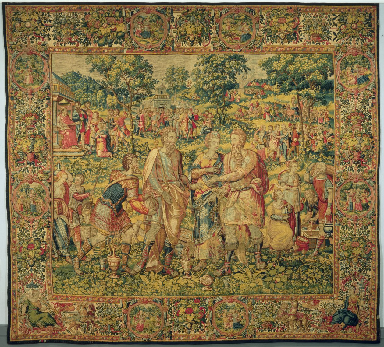 Kung Abimelech återställer Sara till sin man, Abraham, 1580 (väv av gobeläng, ull och siden) av Frans Geubels