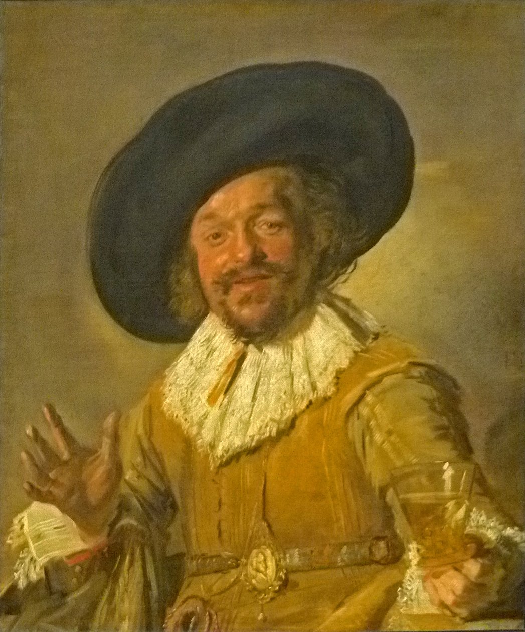 En milisman som håller en Berkemeyer, känd som "den glada drickaren av Frans Hals