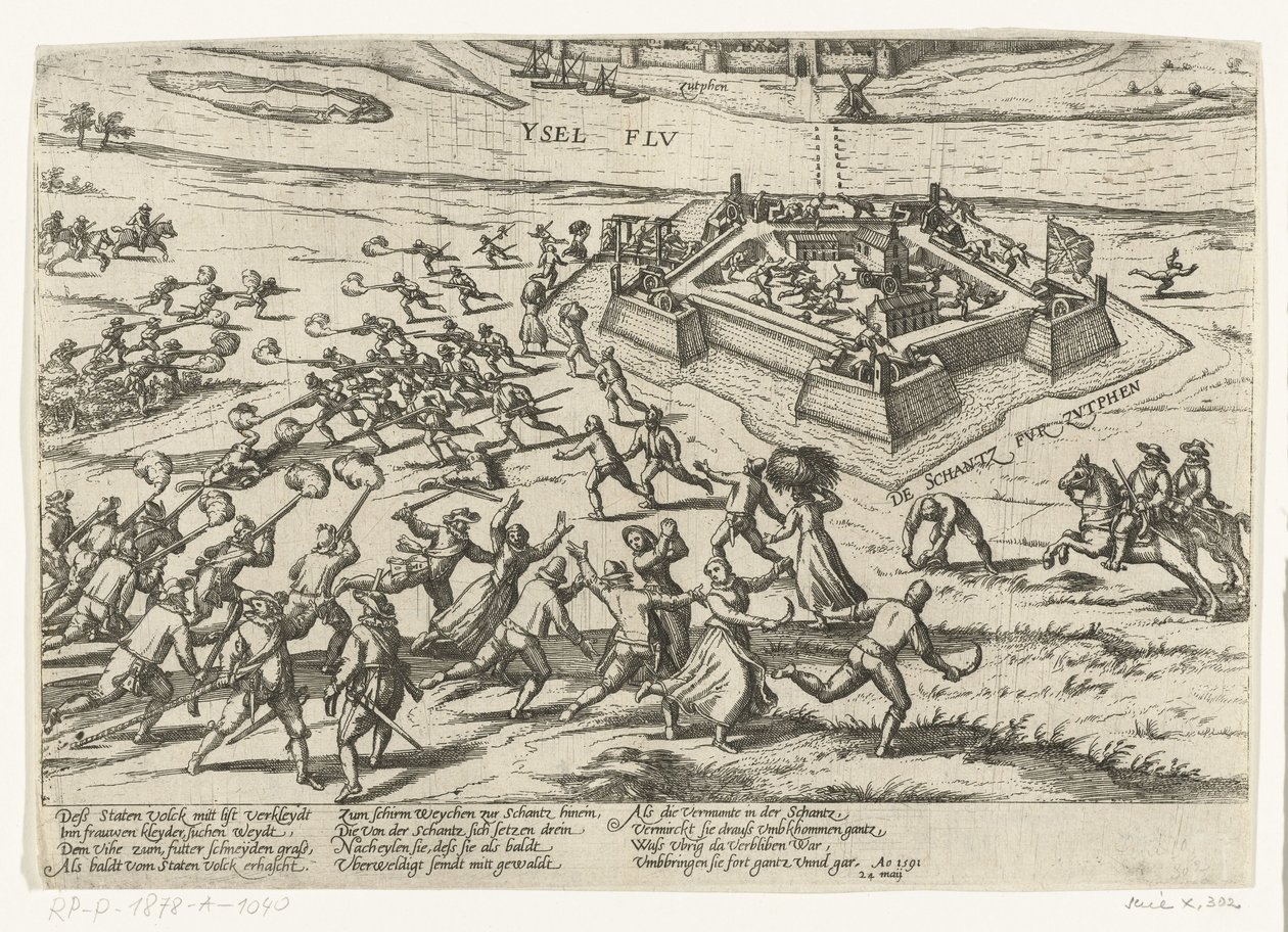 Infångande av skansen vid Zutphen, 1591 Serie 10: Holländska och utländska händelser, 1587-1612 (serietitel) av Frans Hogenberg (workshop of)