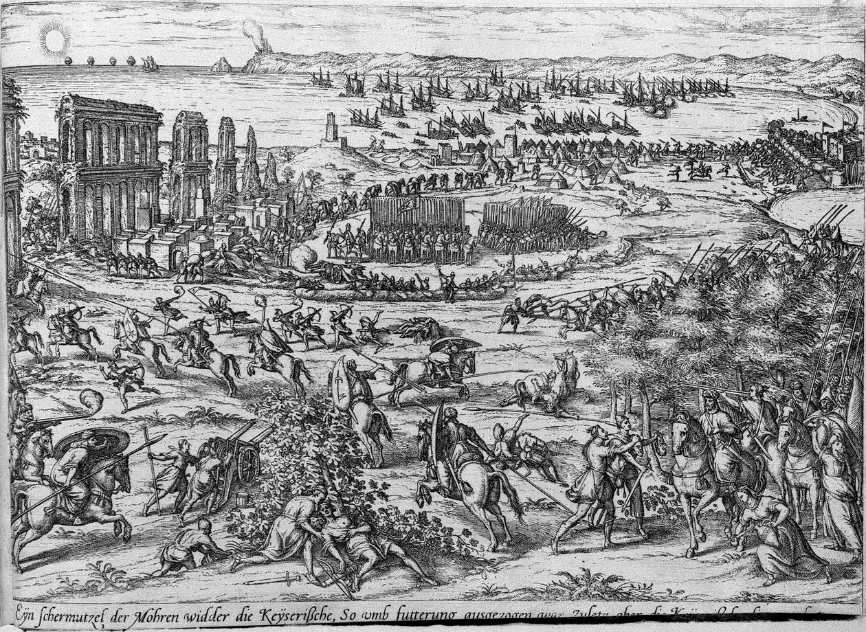 En skärmytsling mellan turkarna och de kejserliga trupperna. av Frans Hogenberg