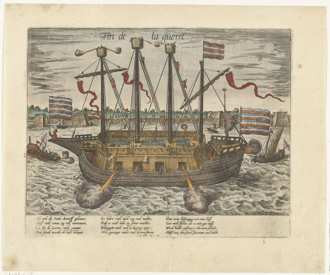 Skeppet Fin de la guerre, 1585 Fin de la guerre (titel på objekt) Serie 9: Holländska och tyska händelser, 1583-1587 (serietitel) av Frans Hogenberg