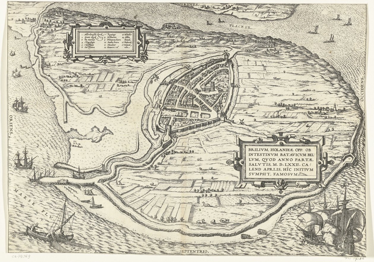 Karta för eiland Voorne en plattegrond van Brielle, 1572 Brillium, Holland op. på grund av det inbördes holländska kriget, som året för segern för frälsningen 72 e.Kr. i aprilhettan började han här, berömd (titel på objekt) av Frans Hogenberg