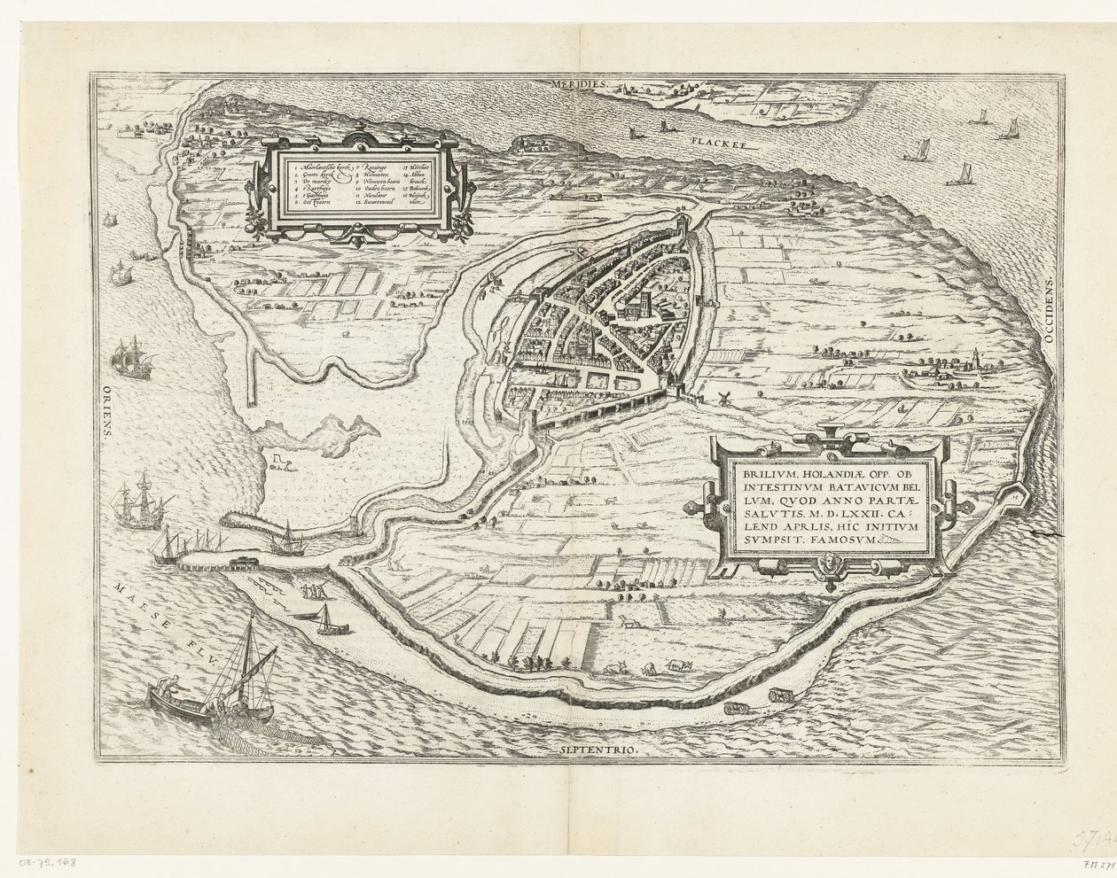 Karta för eiland Voorne en plattegrond van Brielle, 1572 Brillium, Holland op. på grund av det inbördes holländska kriget, som året för segern för frälsningen 72 e.Kr. i aprilhettan började han här, berömd (titel på objekt) av Frans Hogenberg