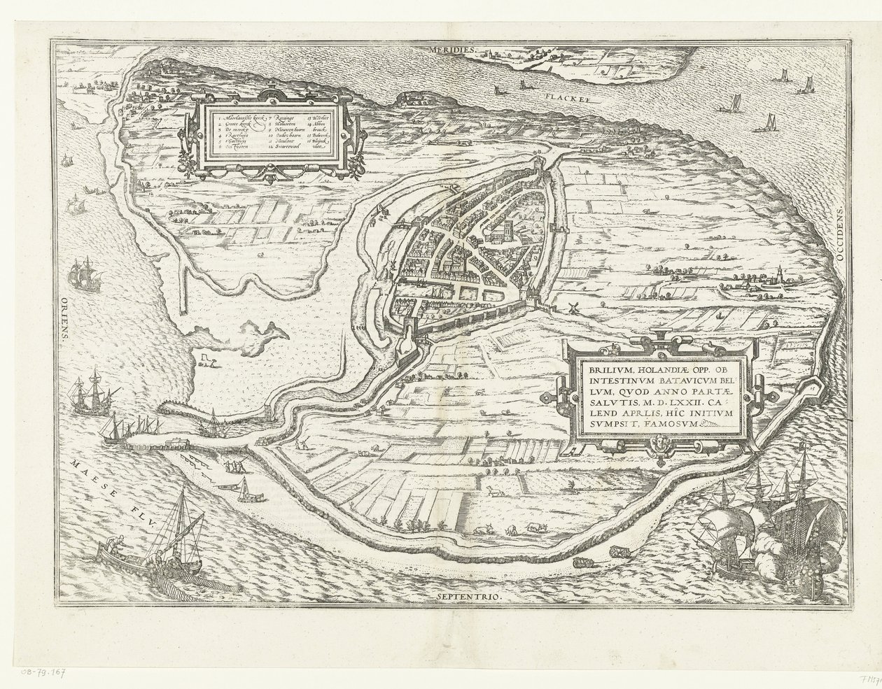 Karta för eiland Voorne en plattegrond van Brielle, 1572 Brillium, Holland op. på grund av det inbördes holländska kriget, som året för segern för frälsningen 72 e.Kr. i aprilhettan började han här, berömd (titel på objektet) av Frans Hogenberg