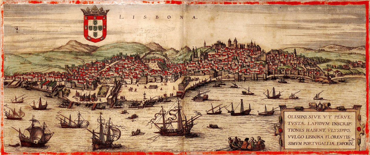Utsikt över Lissabon och floden Tejo Från: Världskarta, 1572 av Frans Hogenberg