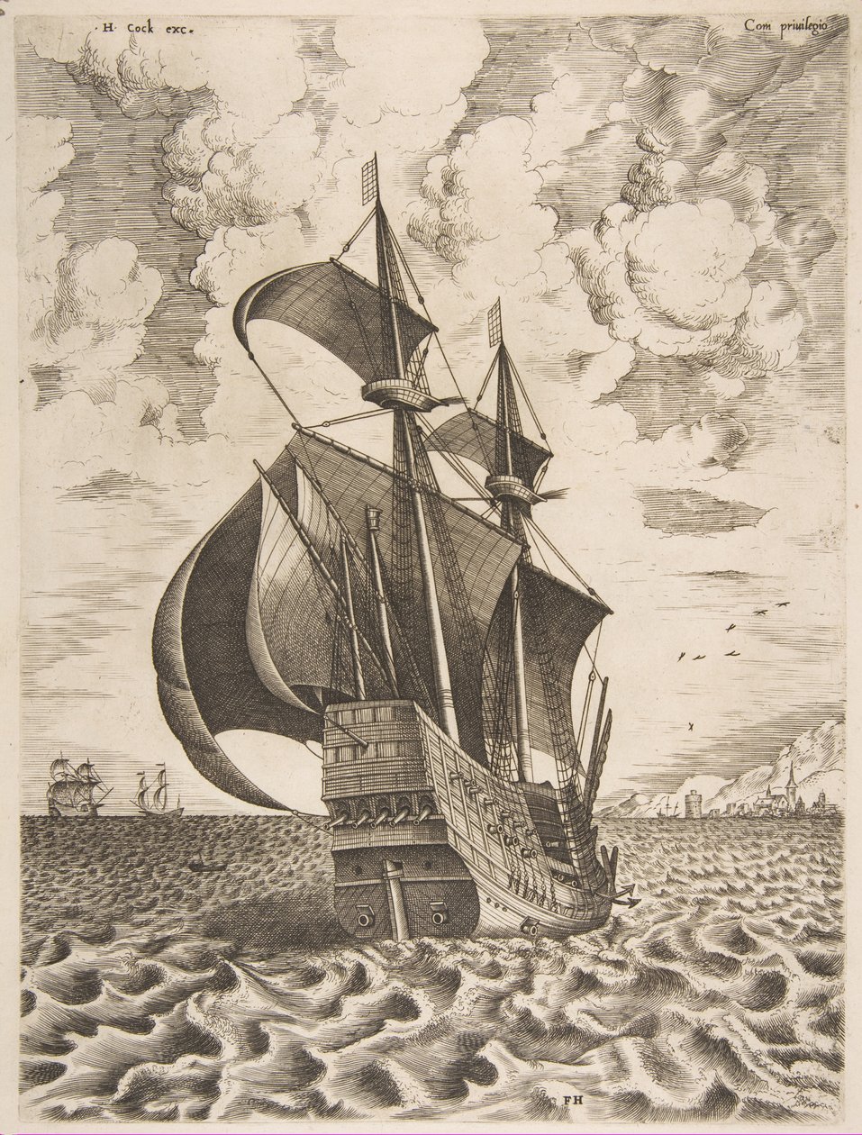 Beväpnad fyrmästare seglar mot en hamn från segelfartygen, 1561-65. av Frans Huys